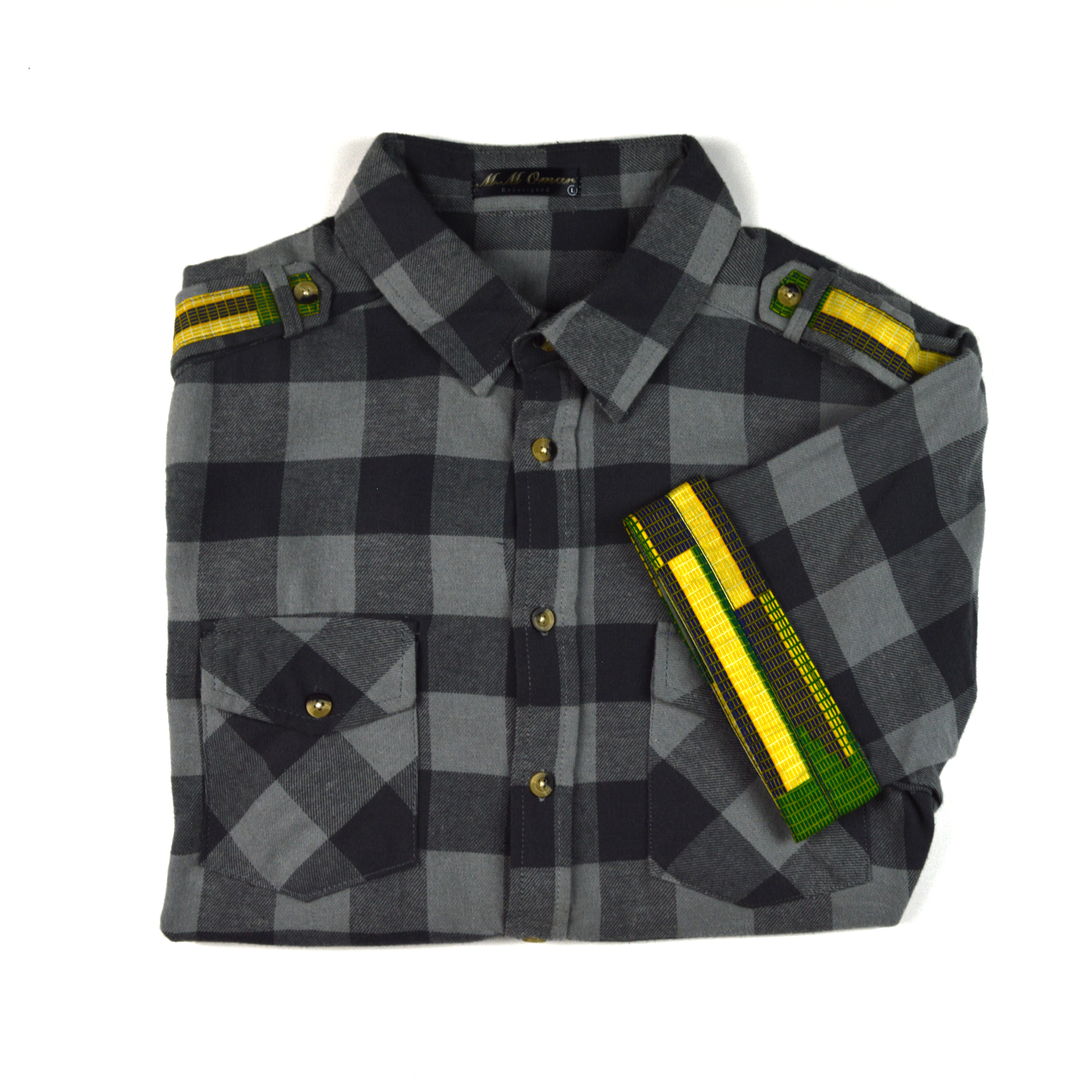 Grau Karriertes Flannelhemd mit afrikanischen Waxdruckmustern