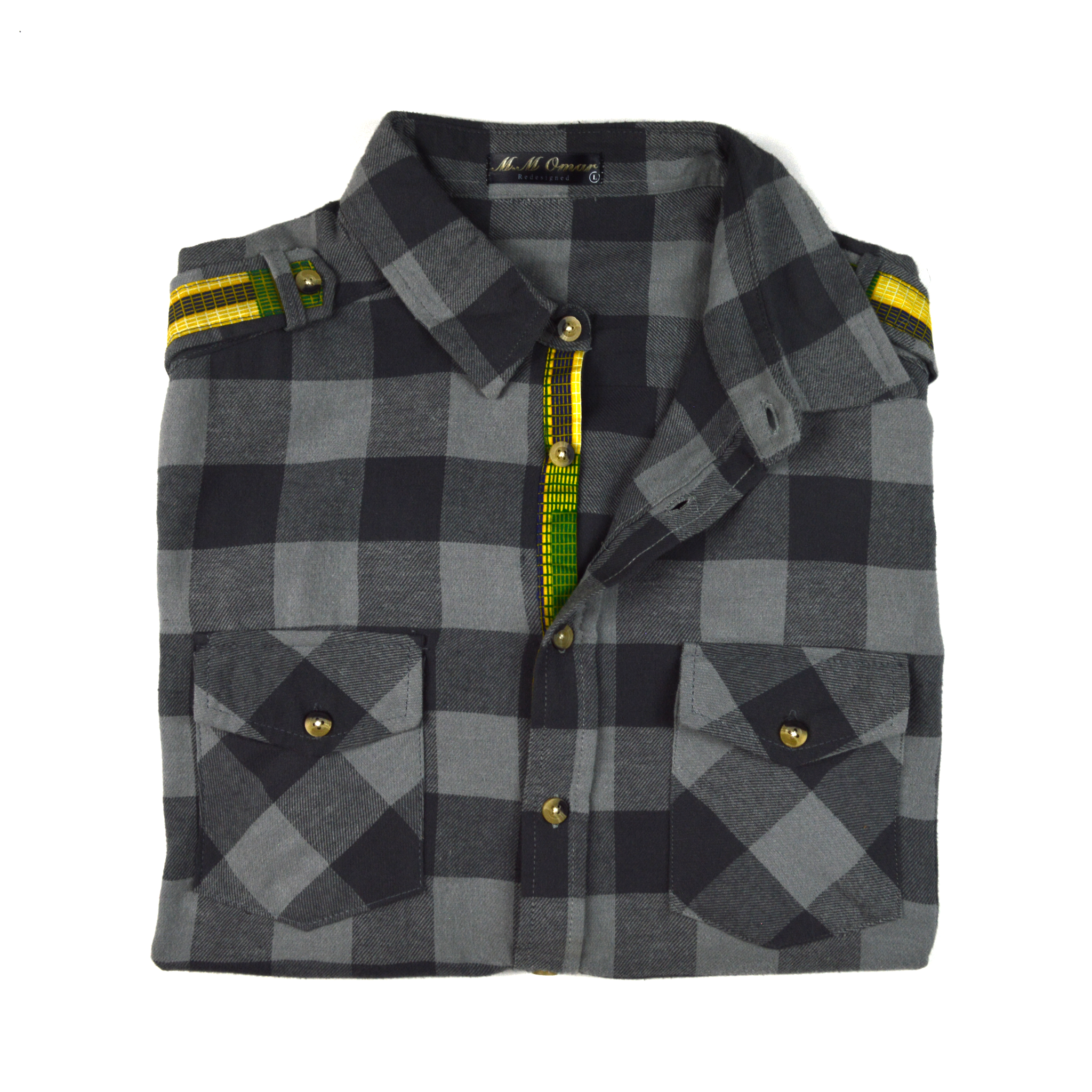 Grau Karriertes Flannelhemd mit afrikanischen Waxdruckmustern