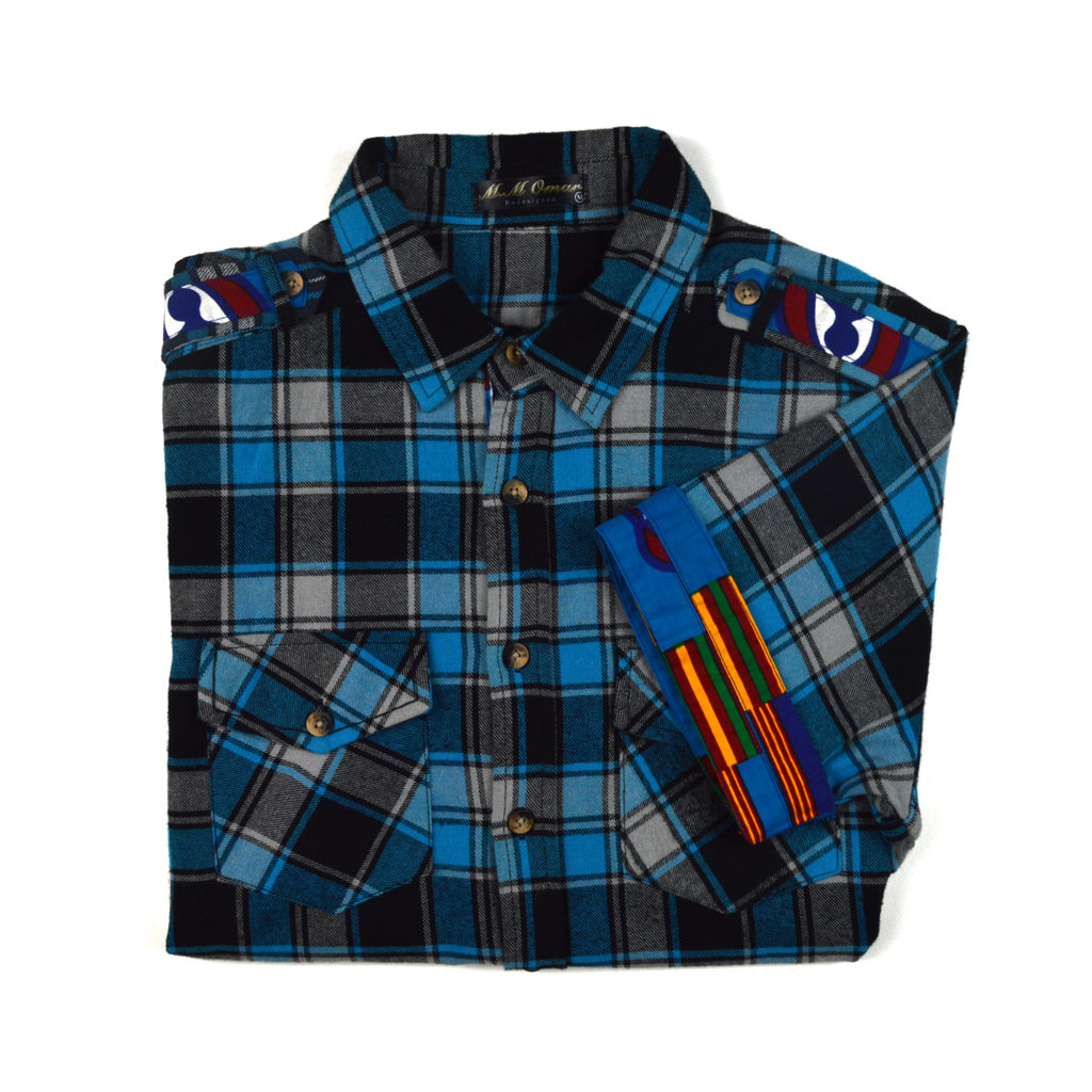 Blau,Weis, Schwarz doppel Karriertes Flannelhemd mit afrikanischen Waxdruckmustern