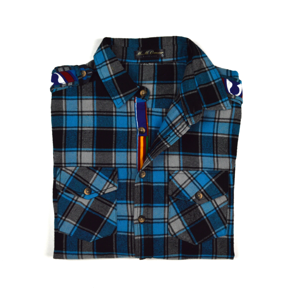 Blau,Weis, Schwarz doppel Karriertes Flannelhemd mit afrikanischen Waxdruckmustern