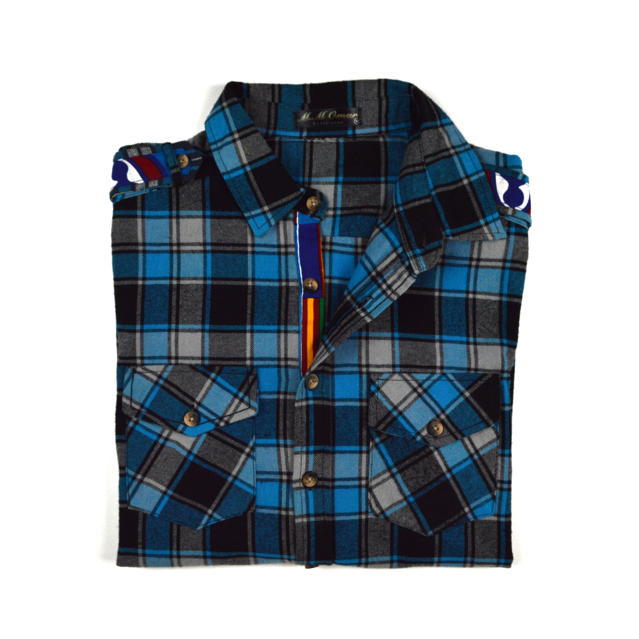 Blau,Weis, Schwarz doppel Karriertes Flannelhemd mit afrikanischen Waxdruckmustern