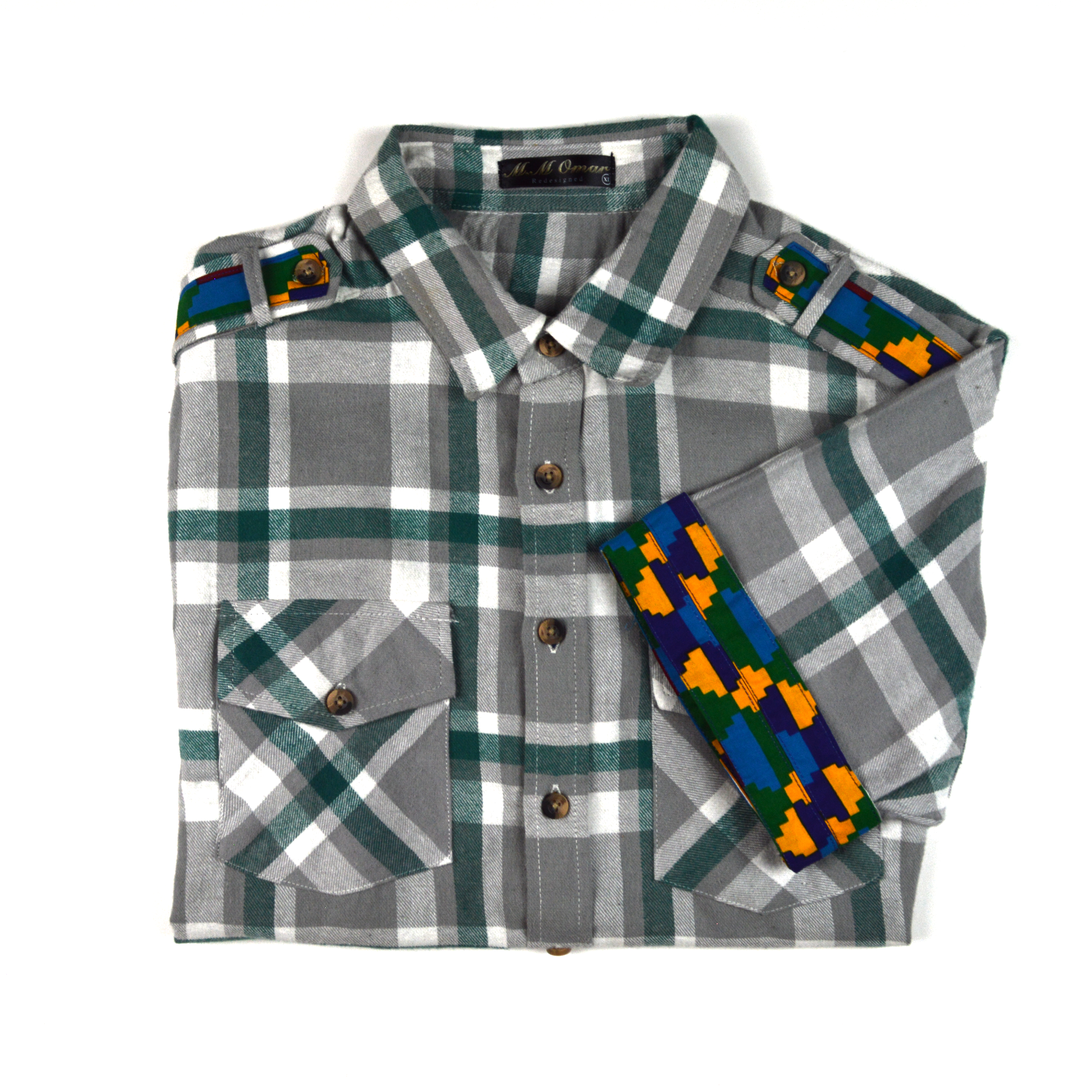 Weisgrau doppel Karriertes Flannelhemd mit afrikanischen Waxdruckmustern