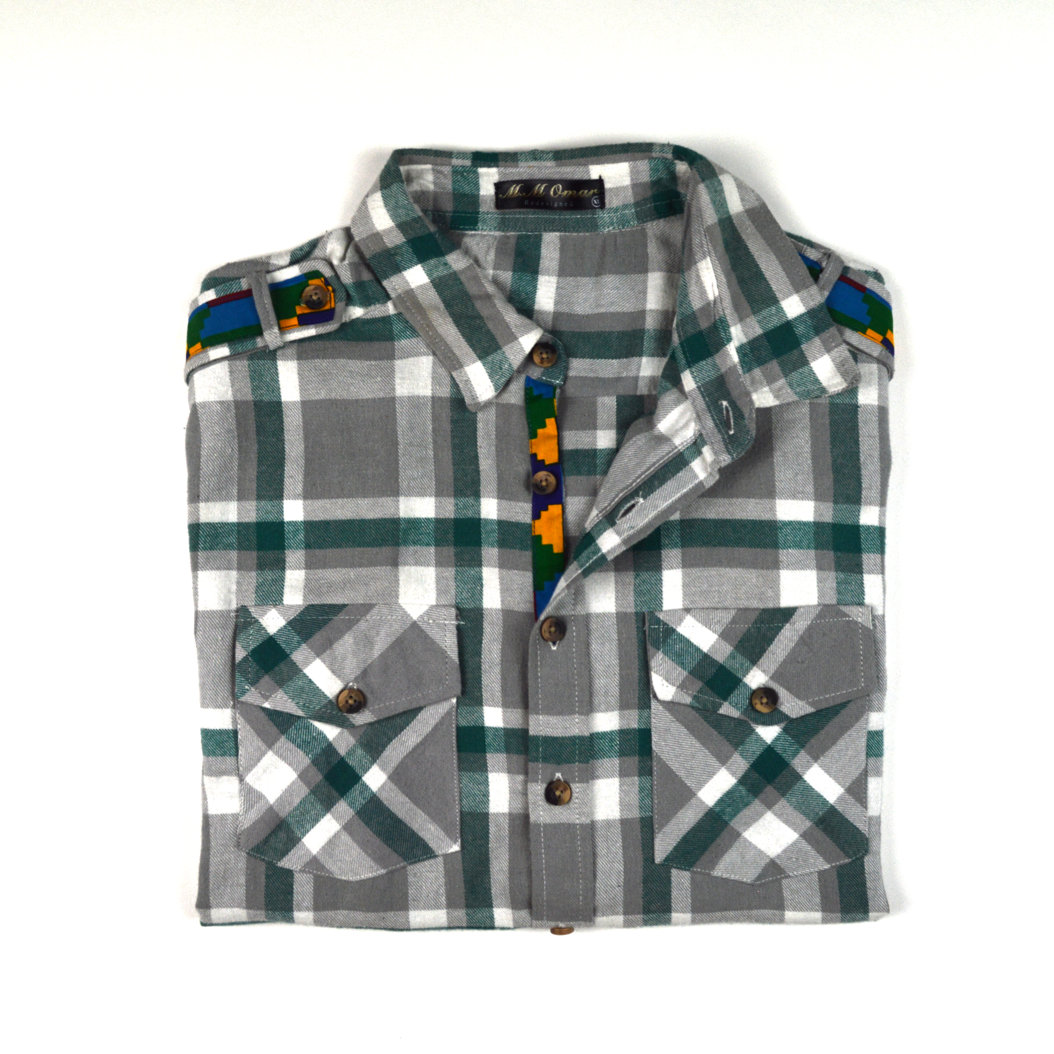 Weisgrau doppel Karriertes Flannelhemd mit afrikanischen Waxdruckmustern