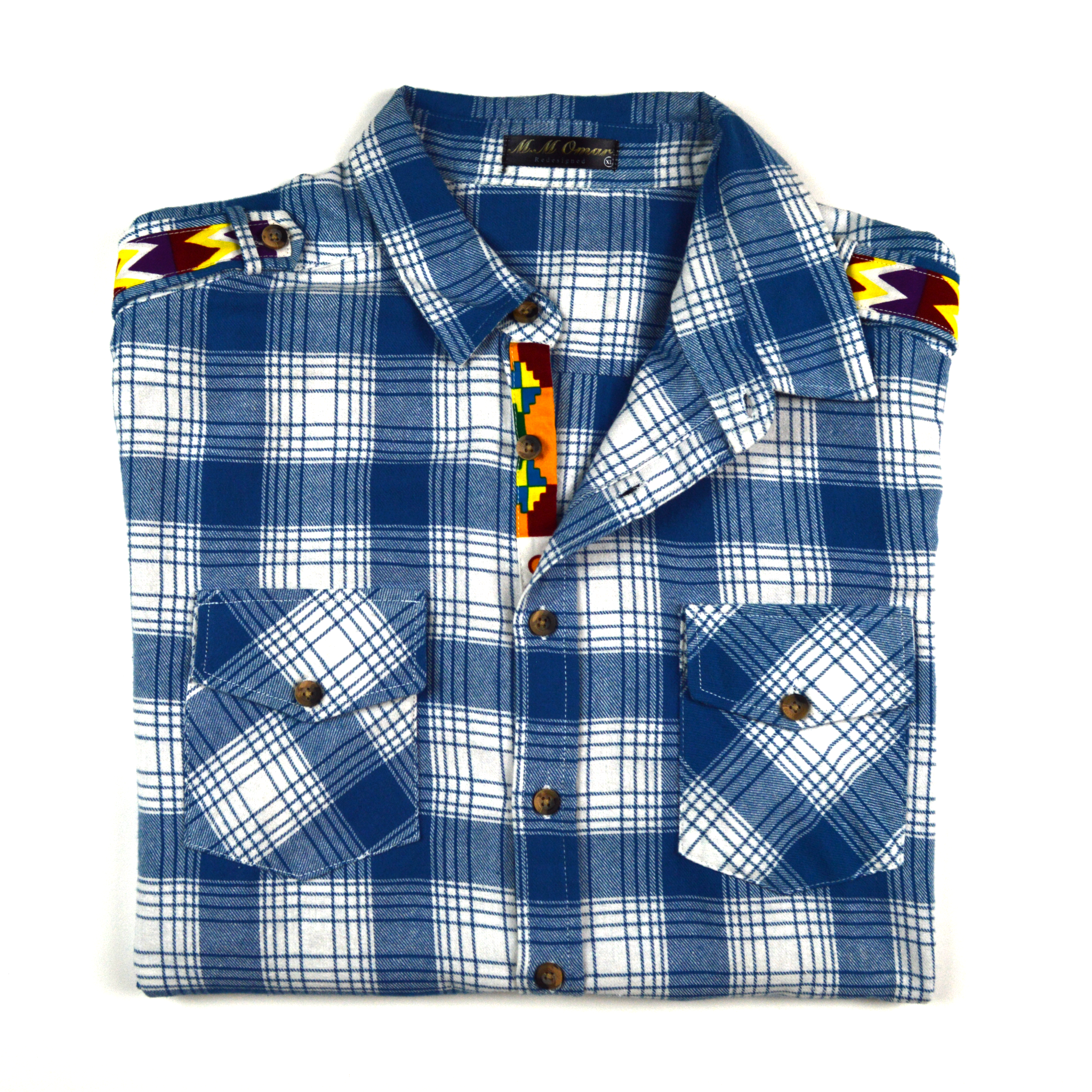 Blau weis doppel karriertes Flanellhemd mit afrikanischen Waxdruckmuster