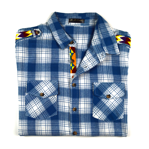 Blau weis doppel karriertes Flanellhemd mit afrikanischen Waxdruckmuster