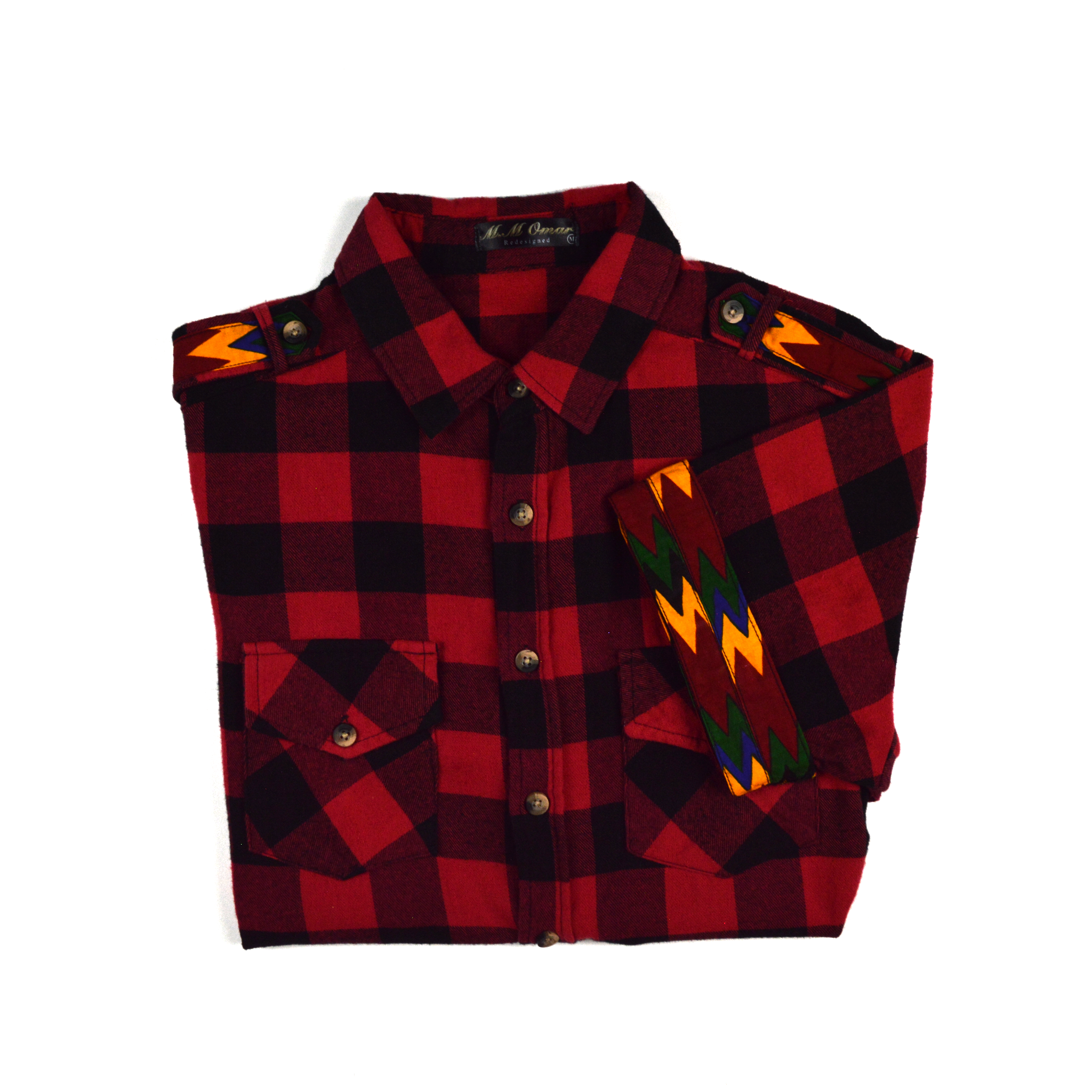 Schwarzrot Karriertes Flannelhemd mit afrikanischen Waxdruckmustern