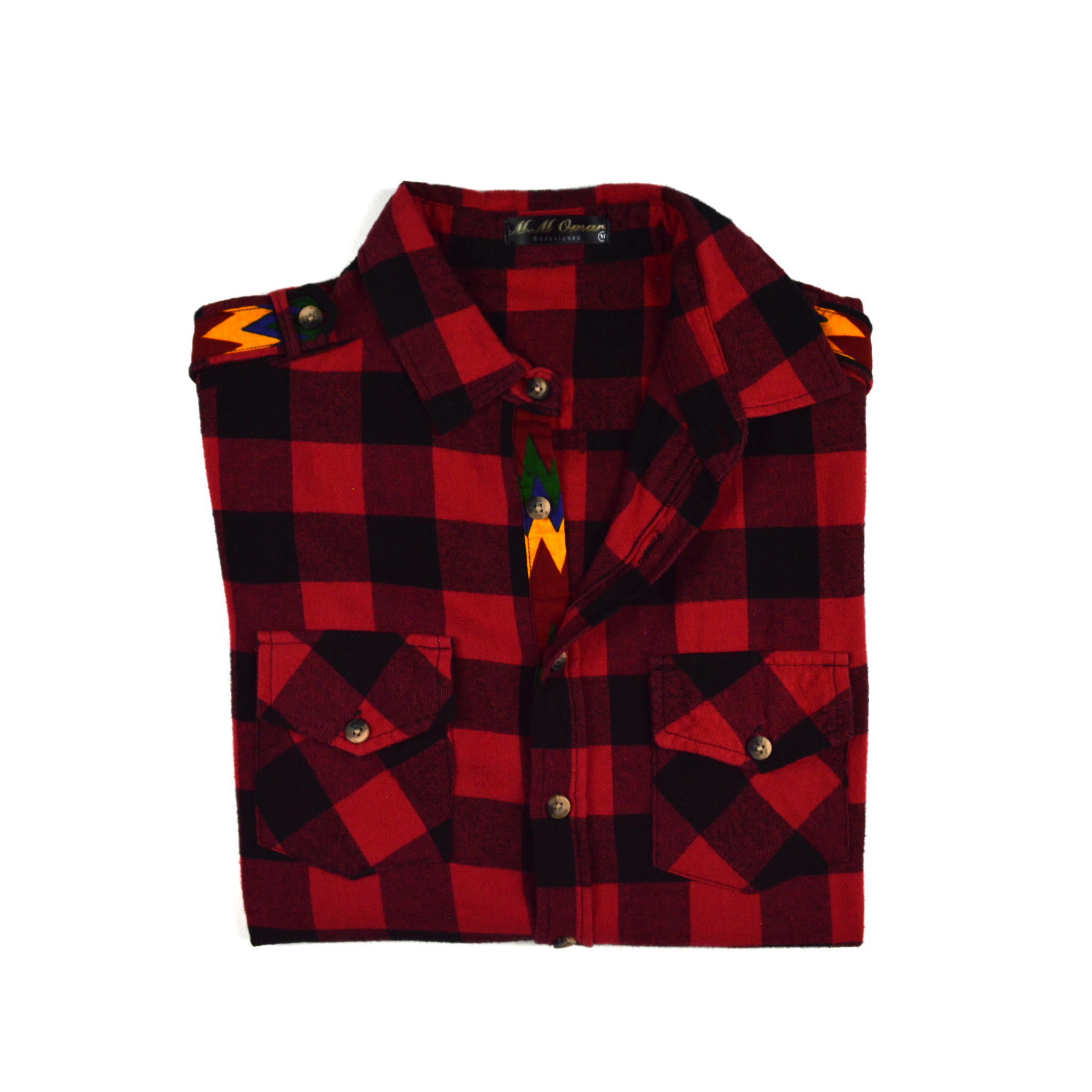 Schwarzrot Karriertes Flannelhemd mit afrikanischen Waxdruckmustern