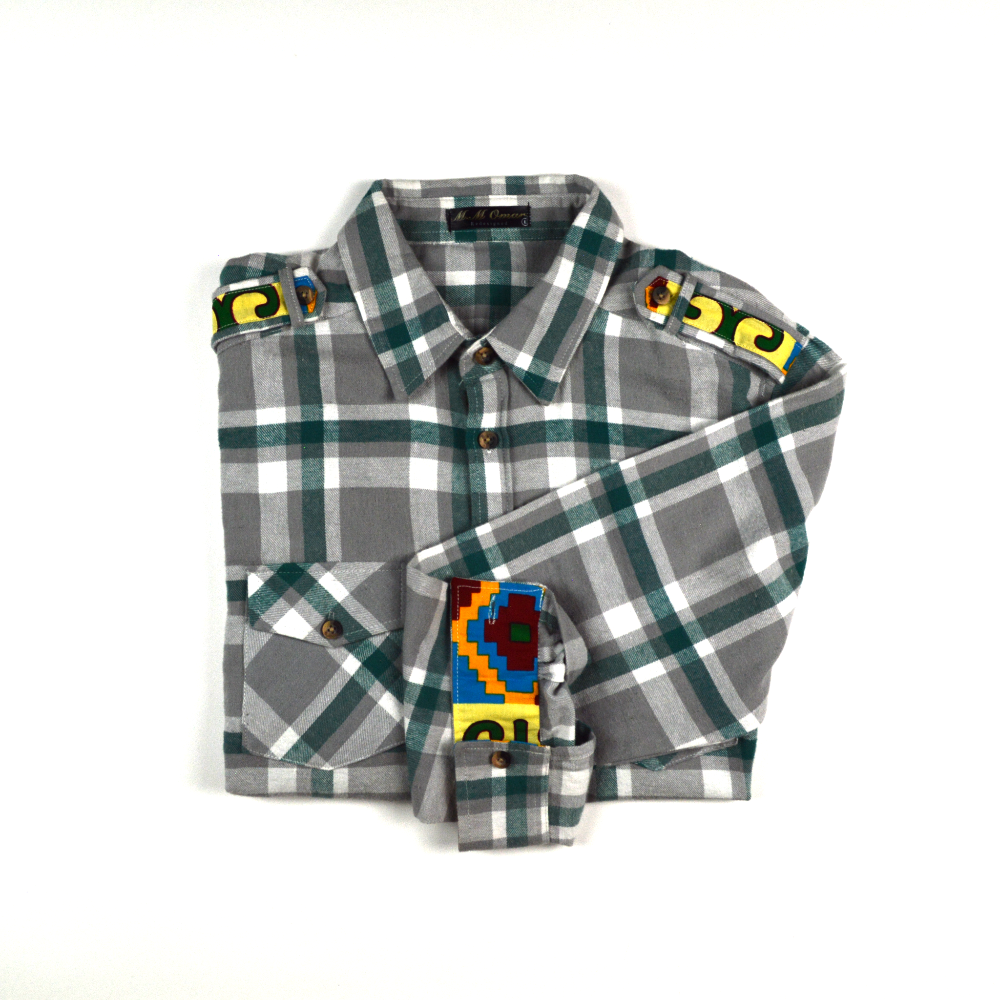 Weisgrau doppel Karriertes Flannelhemd mit afrikanischen Waxdruckmustern