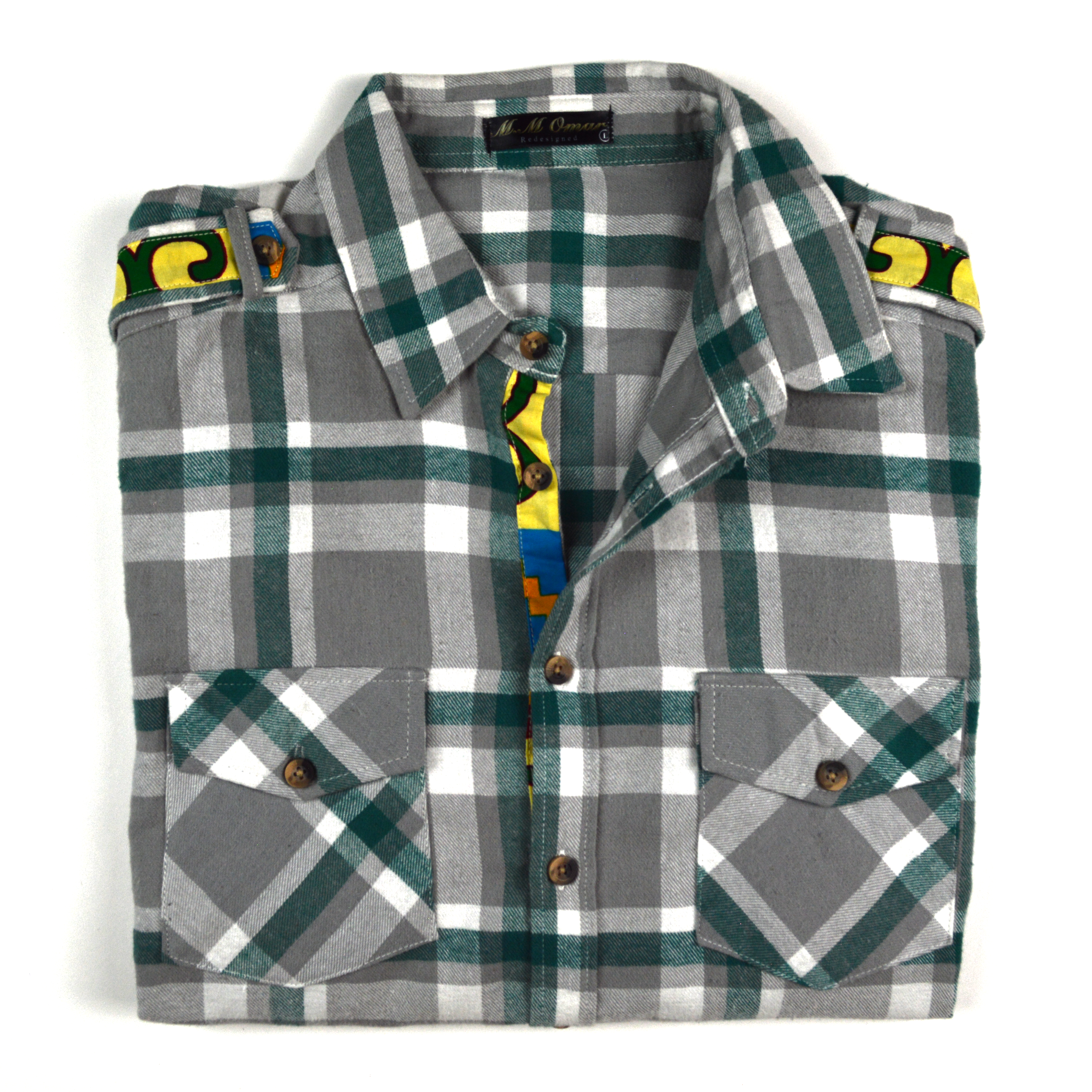 Weisgrau doppel Karriertes Flannelhemd mit afrikanischen Waxdruckmustern